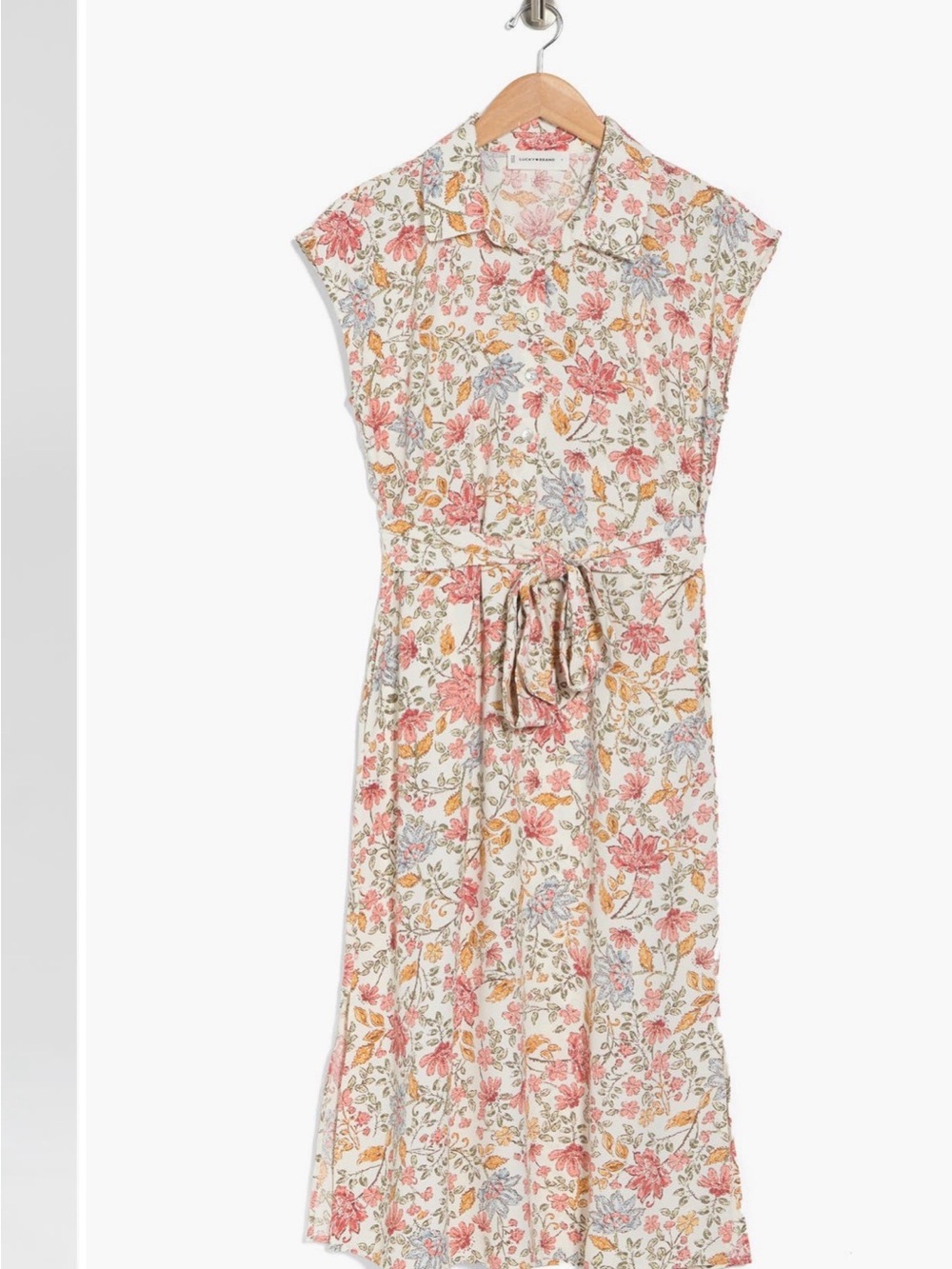 Lucky Brand Cream Floral Midi Shirt Dress with Tie Waist